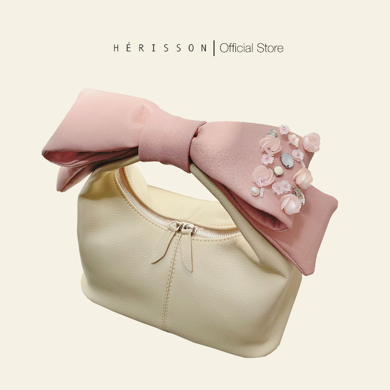Túi Chow bag Hérisson màu kem + nơ hồng bản xách tay