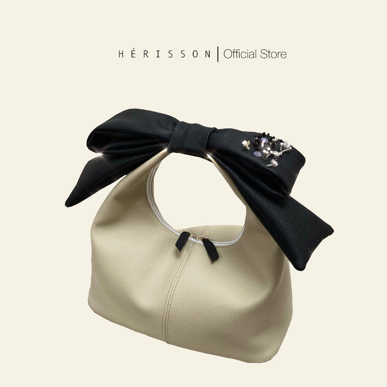 Túi Chow bag Hérisson màu kem + nơ đen bản xách tay