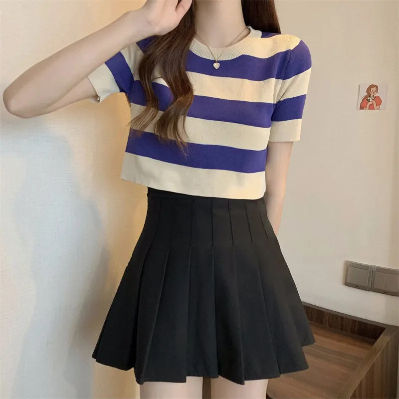 Áo Phông Len Nữ Kẻ Ngang CropTop Len Cao Cấp Dáng Ngắn Phong Cách hàn Quốc Áo Thun Nữ Quảng Châu NAP-A338.1