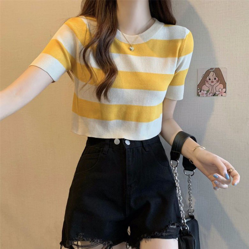 Áo Phông Len Nữ Kẻ Ngang CropTop Len Cao Cấp Dáng Ngắn Phong Cách hàn Quốc Áo Thun Nữ Quảng Châu NAP-A338.1