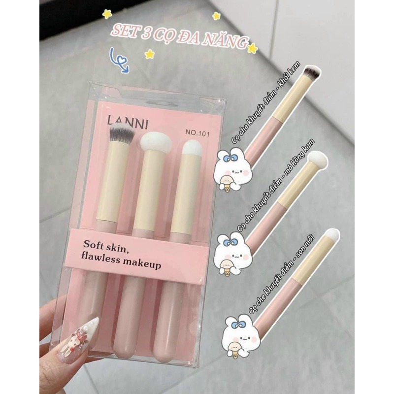 Bộ cọ che khuyết điểm & tán son môi Lanni 3 món chính hãng