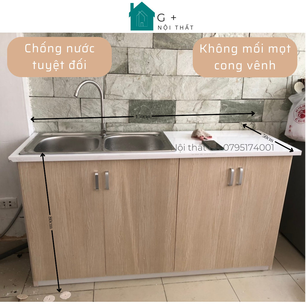 Tủ bếp, bàn bếp, tủ bếp mini, nhựa đài loan, chống nước, kích thước 150x50x80cm, Nội thất G+