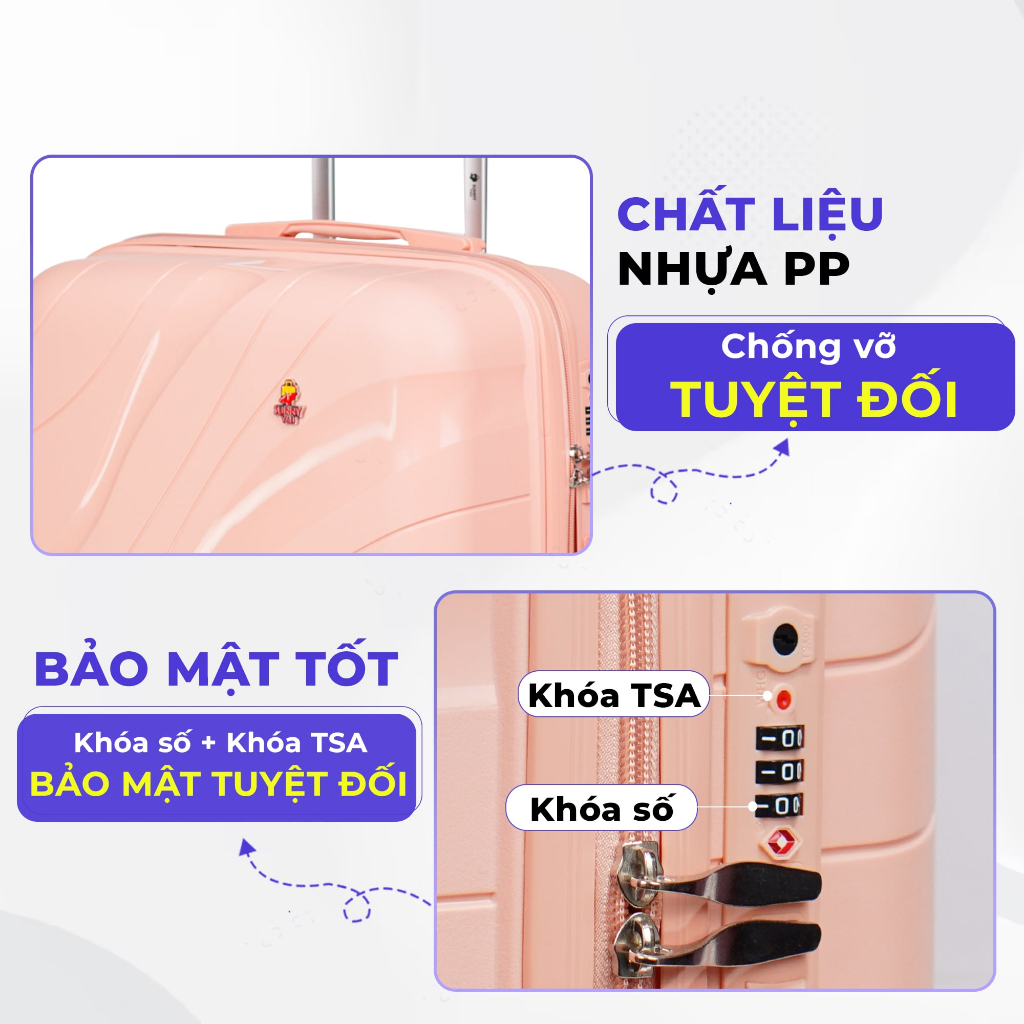 Vali kéo du lịch SUNNY PP11 - Nhựa PP chống vỡ tuyệt đối, khóa hải quan TSA (size 20-24)