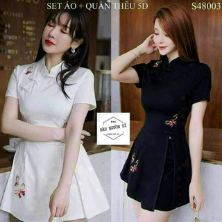 *Sét bộ cổ Tàu nút mây họa tiết Bướm thêu thời trang nữ chất liệu Umi áo có khóa kéo tay ngắn quần đùi có túi