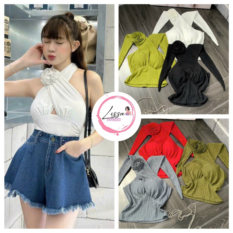Áo thun áo croptop chéo vai đính bông 131 xinh xắn (Giá sỉ) Lissa