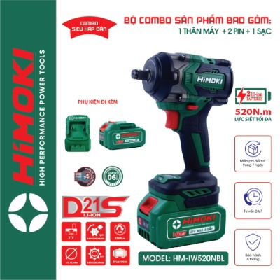 Siết bulong Himoki HM-IW520NBL Không Chổi Than - Máy bắn ốc Himoki chân pin phổ thông lõi đồng 100% bảo hành chính hãng