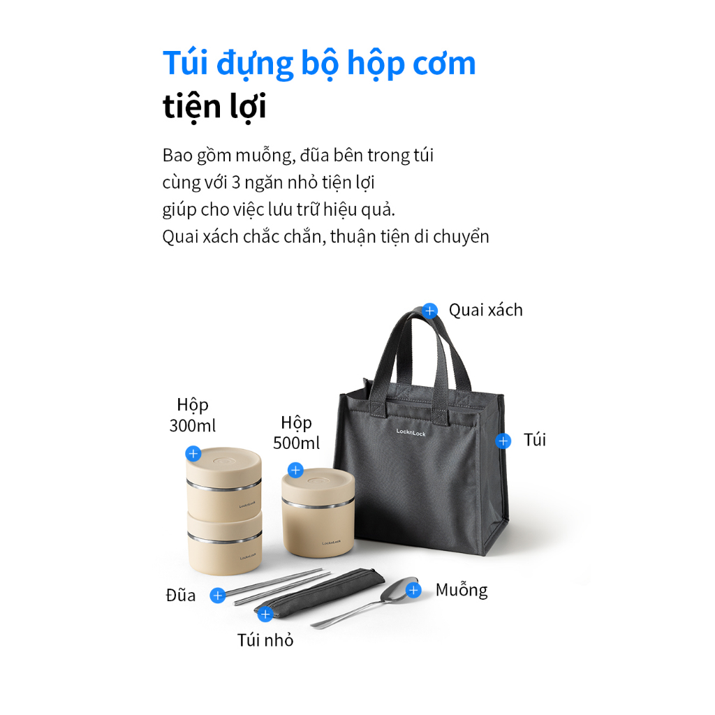 Bộ hộp cơm giữ nhiệt LocknLock Lunch Box LHC8052S02 Xanh Navy - Chính Hãng, 3 hộp giữ nhiệt kèm túi, muỗng đũa - K-MALL