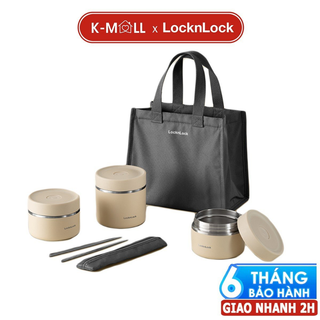 Bộ hộp cơm giữ nhiệt LocknLock Lunch Box LHC8052S02 Màu Beige - Chính Hãng, 3 hộp giữ nhiệt kèm túi, muỗng đũa - K-MALL