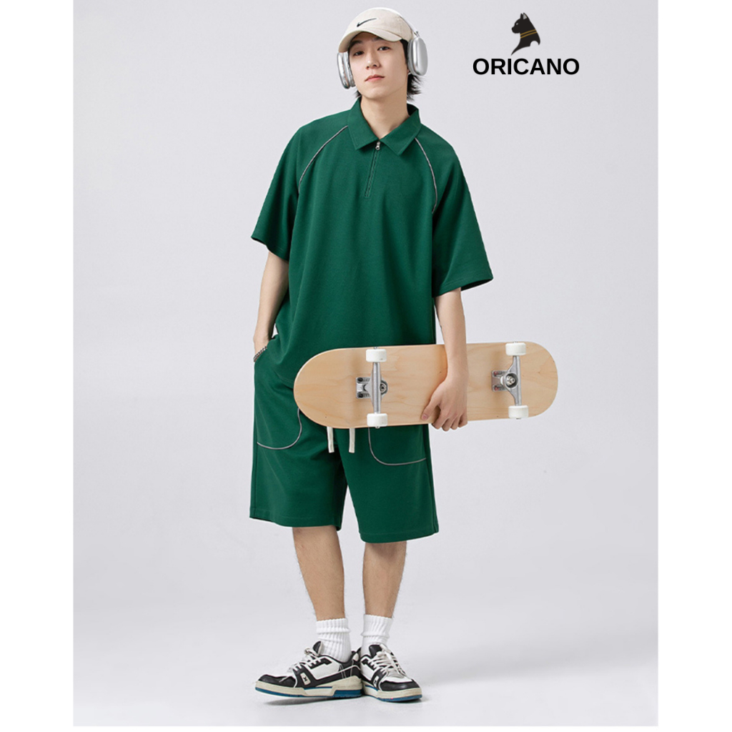 Đồ Bộ Nam ORICANO Cổ Bẻ Chất Vải Cotton Cao Cấp Mix Dây Phản Quang Oversize Thoáng Mát