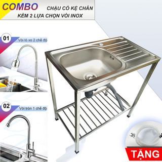 Combo chậu rửa chén bát 1 hộc 1 cánh 75x45x81cm có chân kèm vòi inox nước lạnh - gồm kệ chân, chậu, vòi, bộ xả