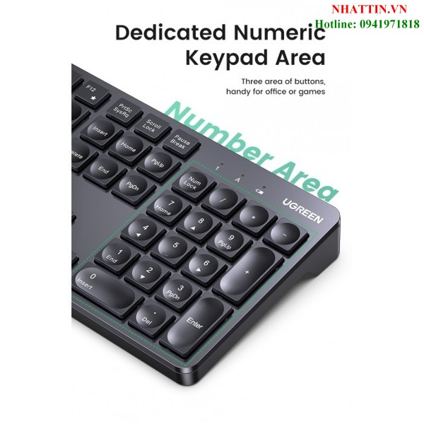 Bàn phím không dây 2.4Ghz chống nước 104 phím Ugreen 90250 cao cấp