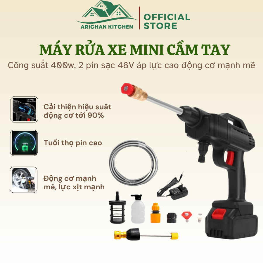Máy Rửa Xe Cầm Tay Mini, Máy Xịt Rửa Tăng Áp Công Suất 400W 2 Pin Sạc 48V Dùng Tại Nhà Tiện Lợi