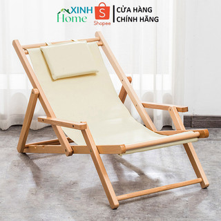 Ghế ngồi bờ biển dài gấp gọn khung gỗ tặng kèm gối - Ghế thư giãn khung gỗ chịu lực tốt có gối tựa đầu thoải mái