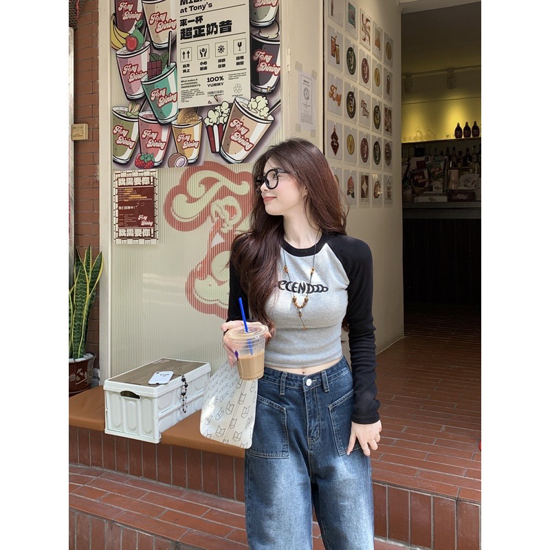 Áo Croptop Dài Tay Thu Đông Dáng Ôm in chữ SENCE Áo Thun Raglan tăm màu ĐEN | XÁM basic