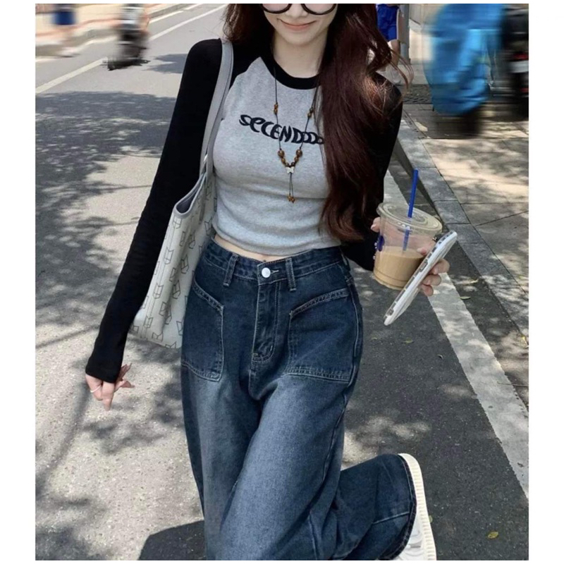 Áo Croptop Dài Tay Thu Đông Dáng Ôm in chữ SENCE Áo Thun Raglan tăm màu ĐEN | XÁM basic