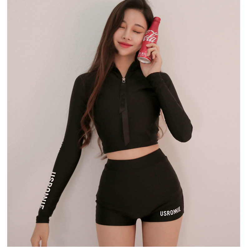 Bikini INFLACHI tay dài phong cách thể thao kín đáo tay dài tôn dáng màu đen khóa ngực quần cạp cao 2006 T14T5