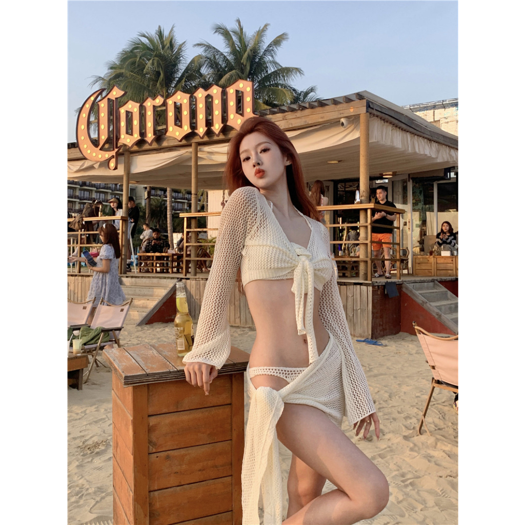 Bikini INFLACHI 4 chi tiết quần tam giác kèm áo lưới dài tay hottrend sexy và khăn quấn thời trang 1856 D3T3