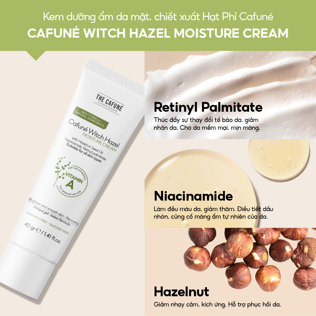 Kem Dưỡng Ẩm Cafuné Witch Hazel Moisture Cream The Cafuné Dưỡng Trắng, Dưỡng Ẩm Làm Đều Màu Da 40gr