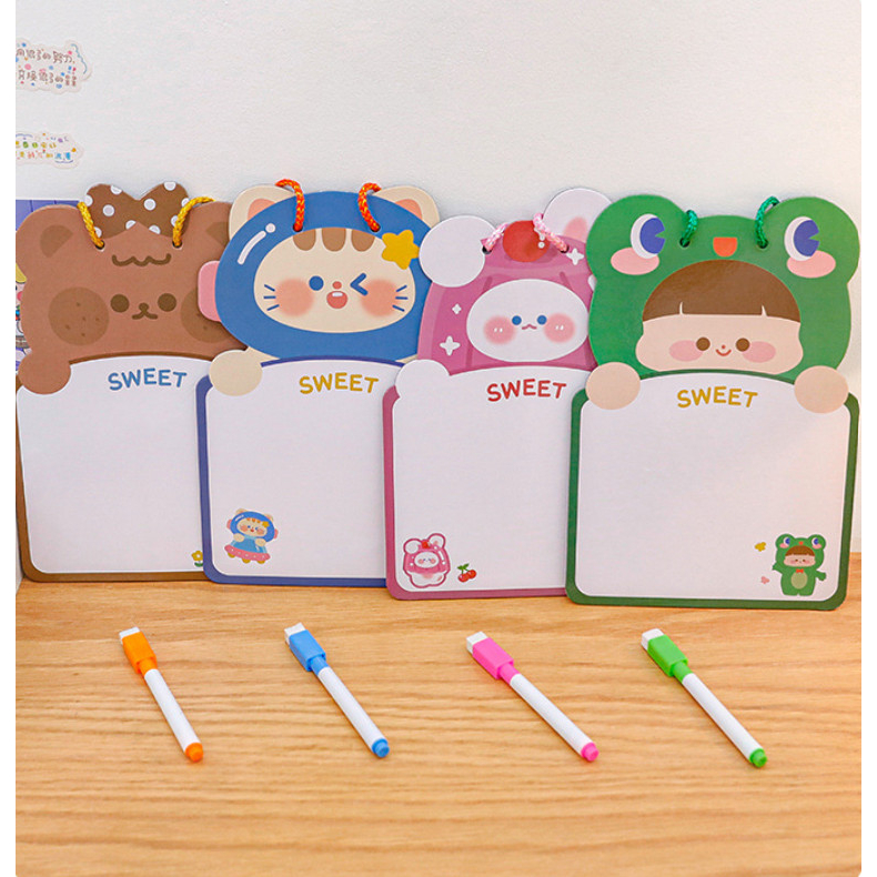 Bảng ghi chú cute viết thời khóa biểu 2 mặt vẽ trang trí có dây treo tặng bút xóa được đa năng decor cho học sinh