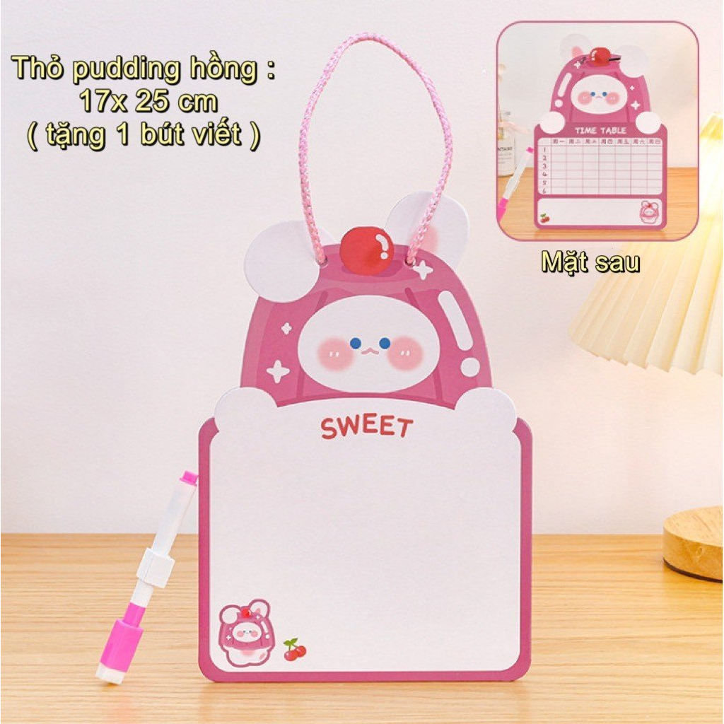 Bảng ghi chú cute viết thời khóa biểu 2 mặt vẽ trang trí có dây treo tặng bút xóa được đa năng decor cho học sinh
