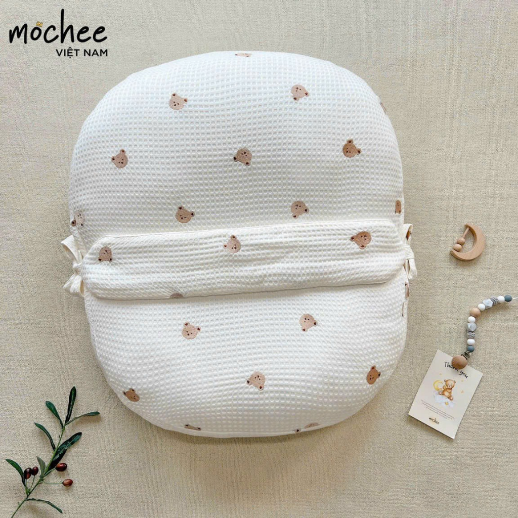 Set chăn gối, chặn bông, ủ choàng, gối ôm Mochee Waffle Modal họa tiết gấu thêu chính hãng