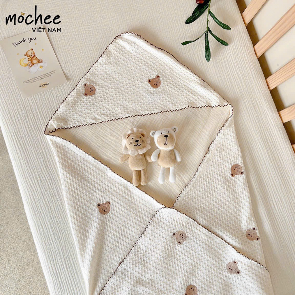 Set chăn gối, chặn bông, ủ choàng, gối ôm Mochee Waffle Modal họa tiết gấu thêu chính hãng