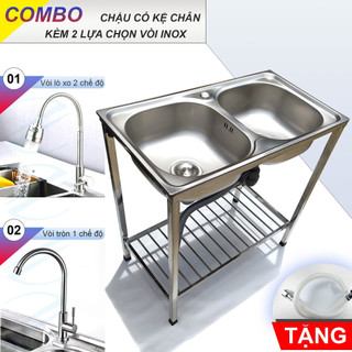 Combo chậu rửa chén bát 2 hộc 78x43cm có chân kèm vòi inox nước lạnh kazta - gồm kệ chân, chậu, vòi, bộ xả tặng dây cấp