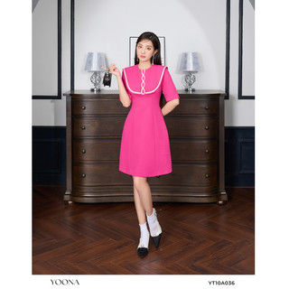 Đầm xòe dáng chữ A tay ngắn hồng chất text YOONA - YT10A036