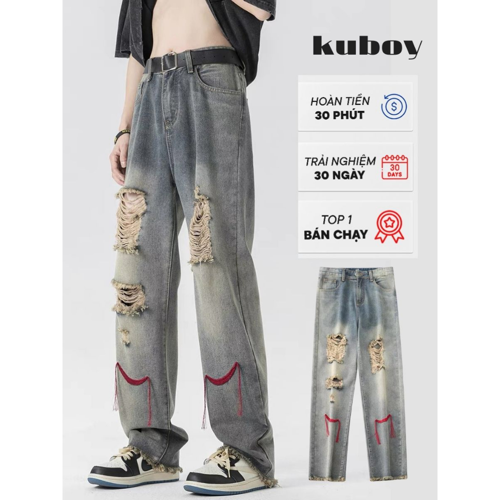 quần jean rách gối nam ống rộng suông，quần jean rách unisex dây đỏ quần nam boy phố phong cách streetwear