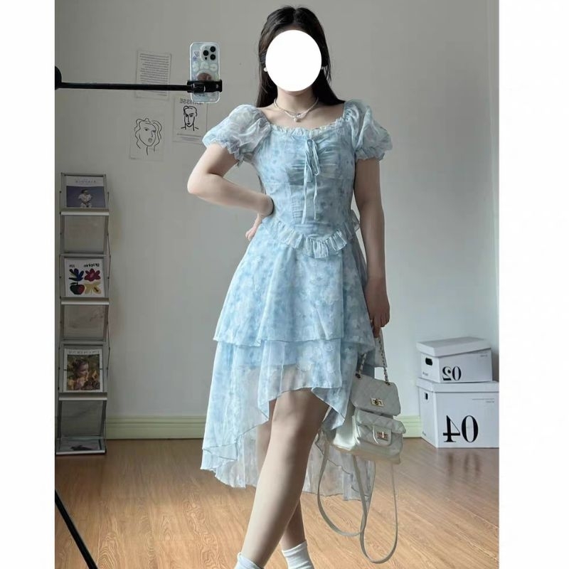 Váy voan hoa xanh xếp tầng xòe vạt dài tiểu thư có bigsize