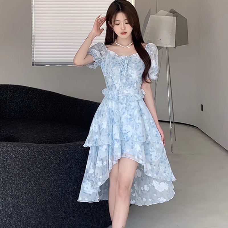 Váy voan hoa xanh xếp tầng xòe vạt dài tiểu thư có bigsize