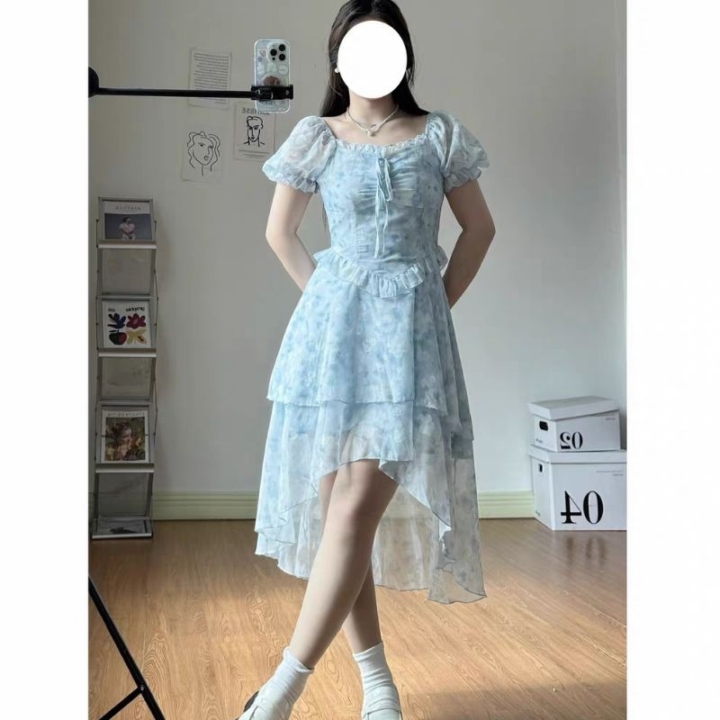 Váy voan hoa xanh xếp tầng xòe vạt dài tiểu thư có bigsize