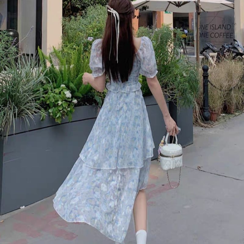 Váy voan hoa xanh xếp tầng xòe vạt dài tiểu thư có bigsize