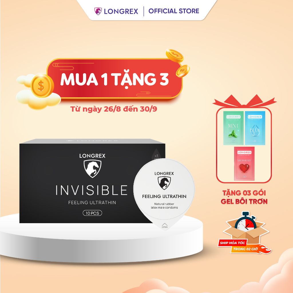 Bao cao su Longrex Invisible siêu mỏng, nhiều gel bôi trơn, size 52mm, chất cao su an toàn hộp 10 bcs LR02