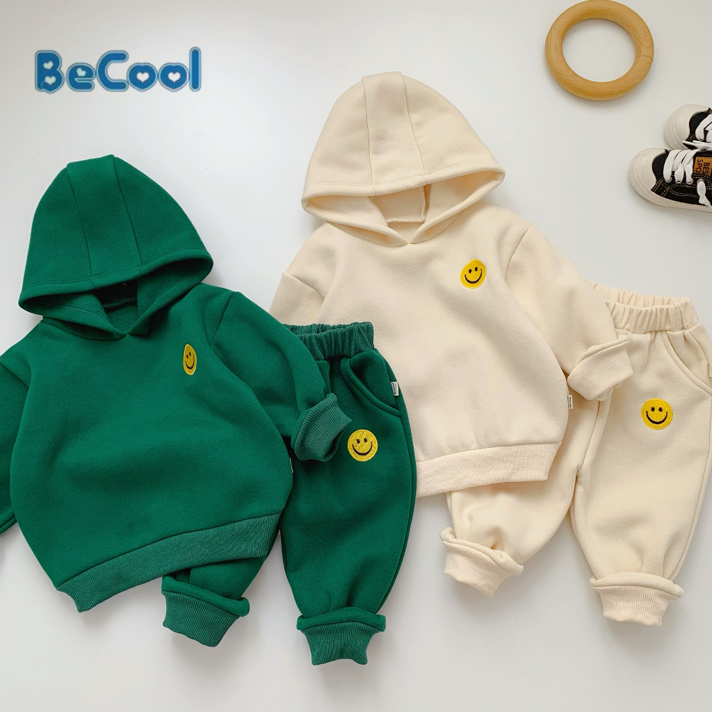 Bộ Nỉ Bông Hoodi Thêu Hình Mặt Cười BECOOL,Bộ Nỉ Bông Siêu Xinh Cho Các Bé Từ 10-27kg