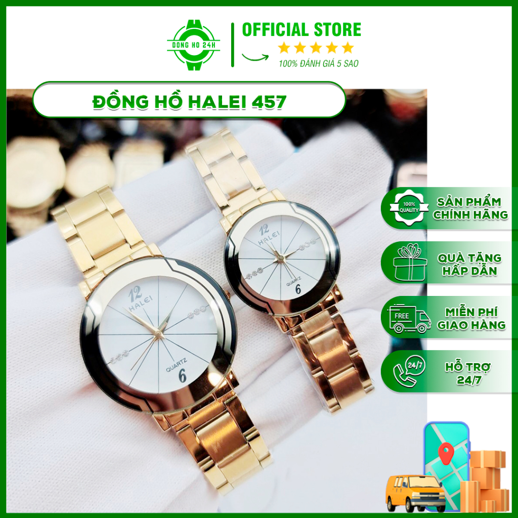 Đồng Hồ Nam Nữ 457 - Đồng Hồ Cao Cấp ĐỒNG HỒ 24H Mặt Nhỏ Chính Hãng Halei Dây Thép Viền Vàng Cao Cấp Thời Thượng