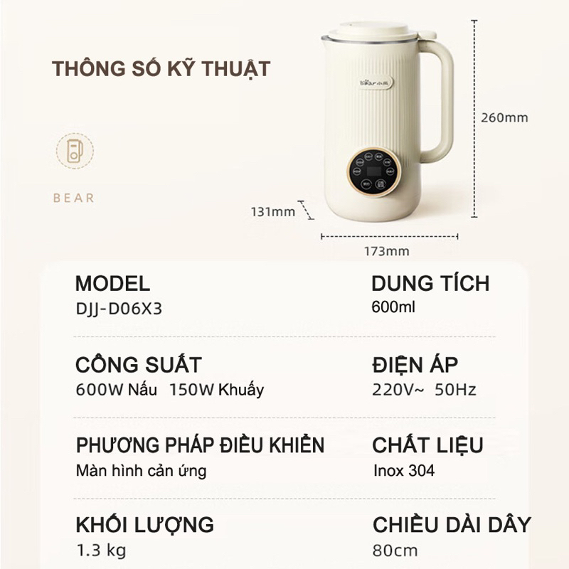 Máy làm sữa hạt Bear 600ml  DJJ-D06U5/D06X3, 6 chức năng, xay nấu sữa hạt, xay sinh tố đa năng – Hàng chính hãng BH 12th
