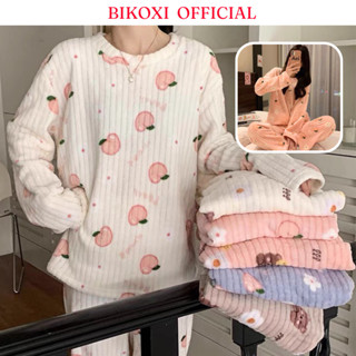 Bộ Đồ Ngủ Dài Thu Đông Bikoxi Nhung Lông Dày Dặn Mặc Siêu Ấm