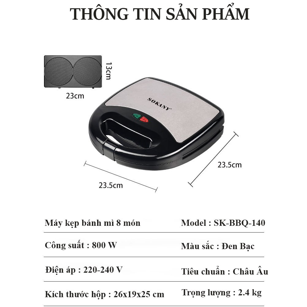 Máy nướng bánh mì, máy kẹp bánh mì sandwich đa ngăng SOKANY công suất 800W