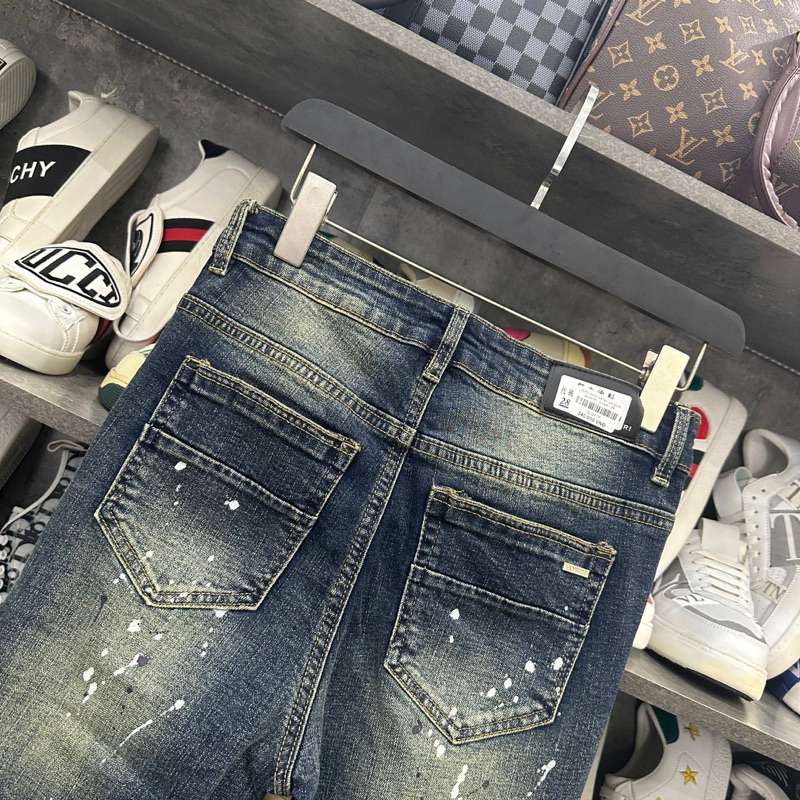 Quần AMIRI 4 Khuy Xanh Bụi Gối Vá Phối Ống Loang Vàng Quần Jean bò nam slimfit wash xanh khói rách xước Amiri