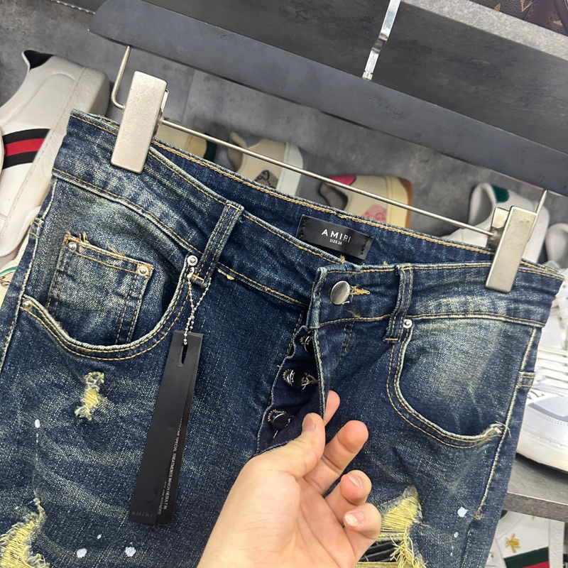 Quần AMIRI 4 Khuy Xanh Bụi Gối Vá Phối Ống Loang Vàng Quần Jean bò nam slimfit wash xanh khói rách xước Amiri