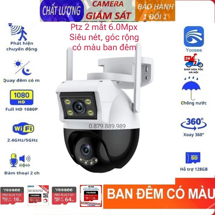 Camera 2 mắt yoosee ngoài trời Ptz 8led 6.0Mpx quay quét 360 độ siêu nét, góc rộng, có màu ban đêm