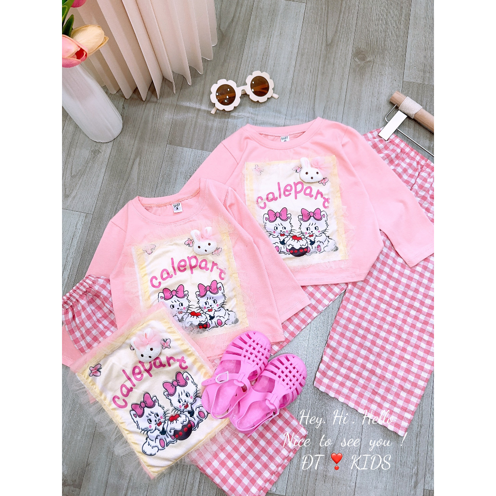 Bộ quần áo bé gái - set áo cotton dài tay mix quần kẻ caro sành điệu cho bé gái