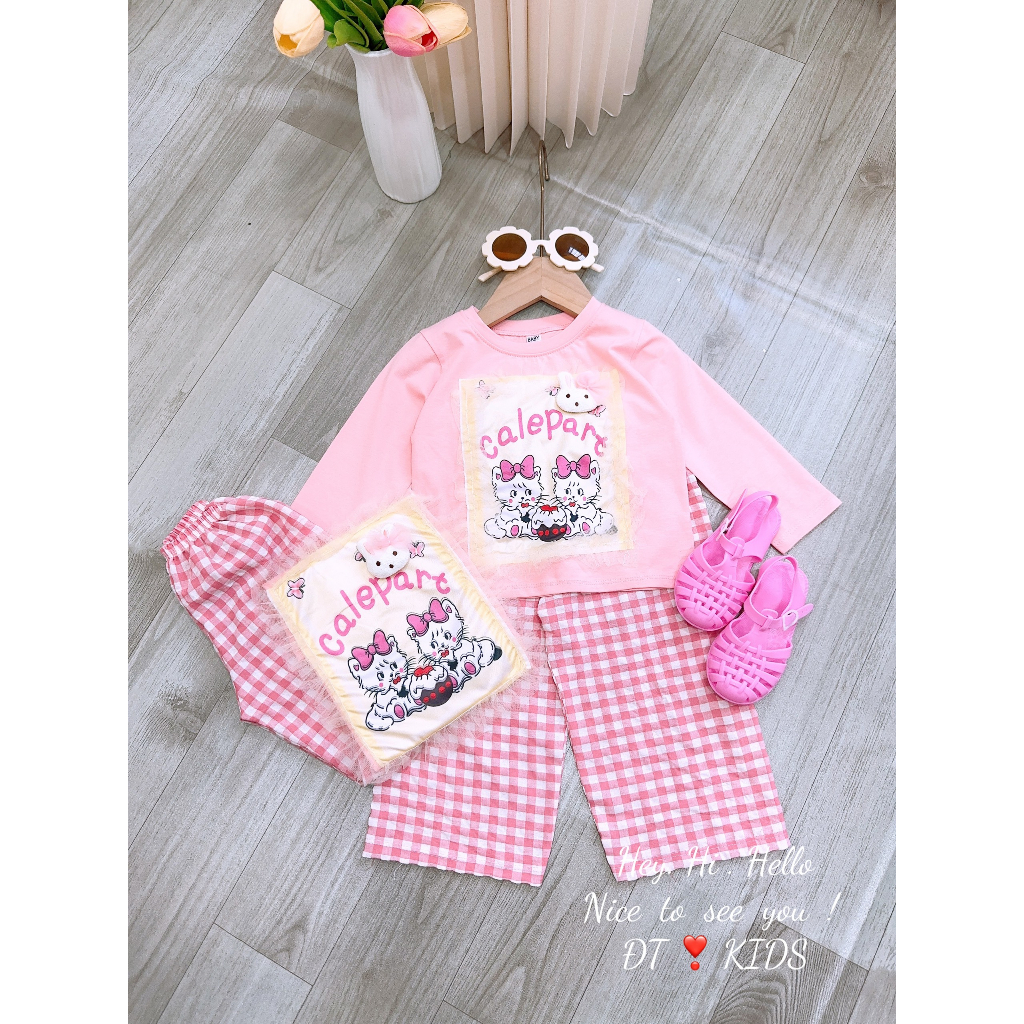 Bộ quần áo bé gái - set áo cotton dài tay mix quần kẻ caro sành điệu cho bé gái