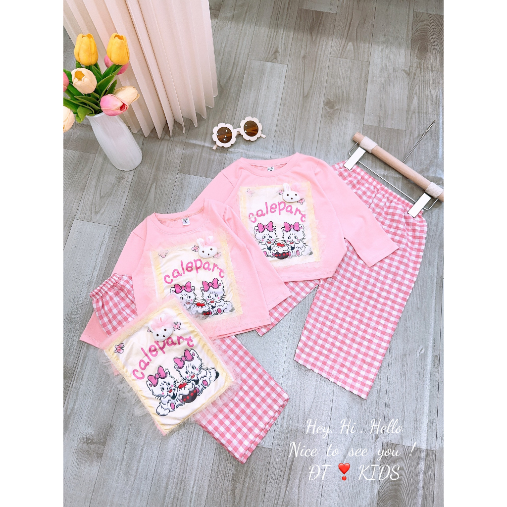 Bộ quần áo bé gái - set áo cotton dài tay mix quần kẻ caro sành điệu cho bé gái