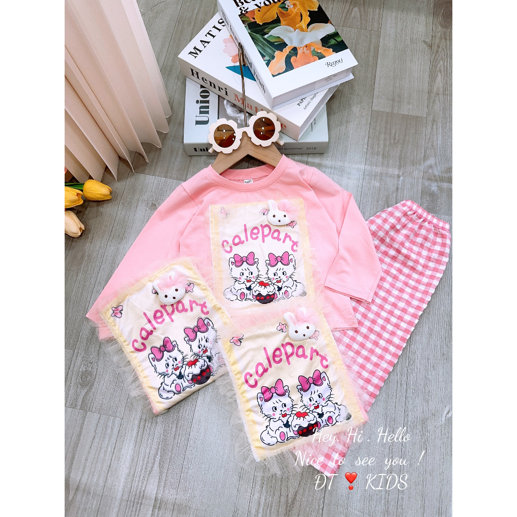 Bộ quần áo bé gái - set áo cotton dài tay mix quần kẻ caro sành điệu cho bé gái