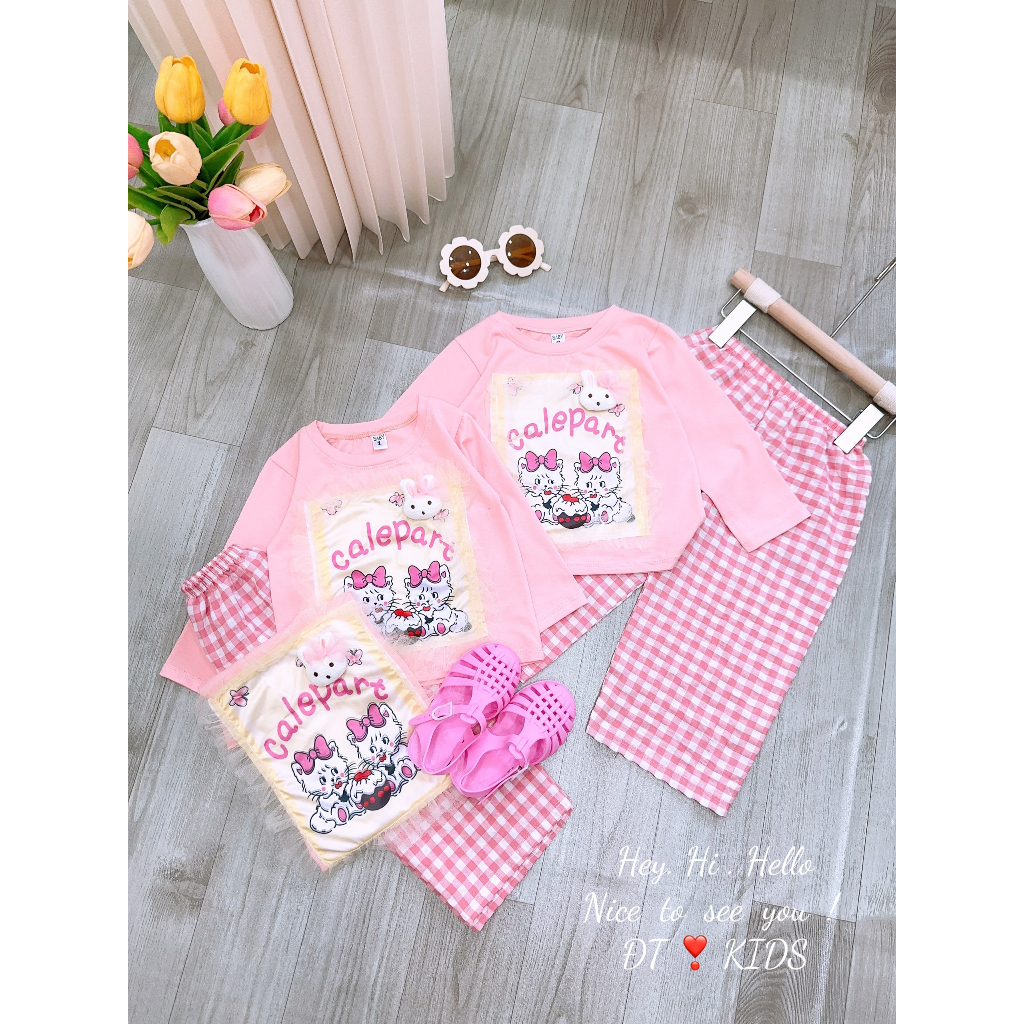 Bộ quần áo bé gái - set áo cotton dài tay mix quần kẻ caro sành điệu cho bé gái