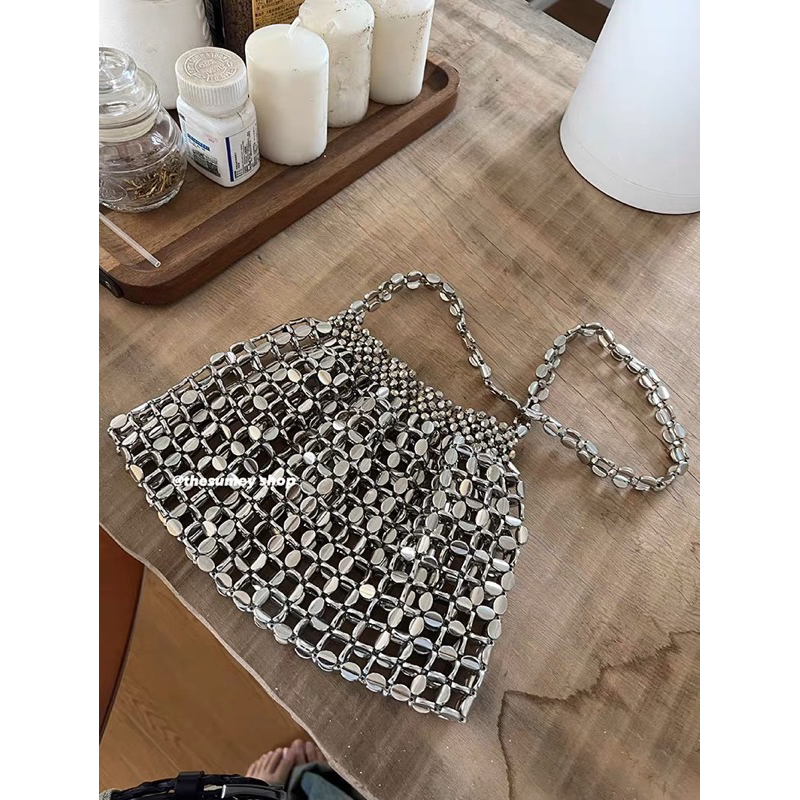 Túi Đeo Vai Sợi Acrylic Dệt Phối Hạt Kim Loại Thời Trang 2023 Cho Nữ