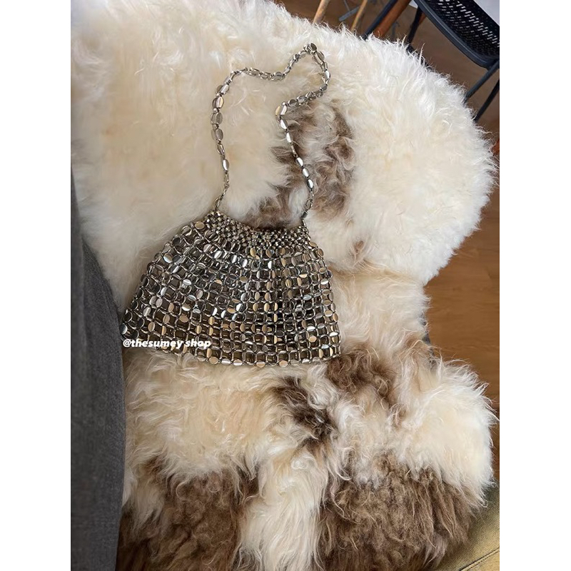 Túi Đeo Vai Sợi Acrylic Dệt Phối Hạt Kim Loại Thời Trang 2023 Cho Nữ