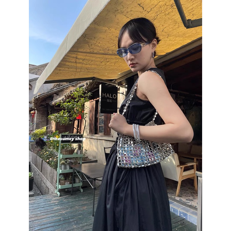 Túi Đeo Vai Sợi Acrylic Dệt Phối Hạt Kim Loại Thời Trang 2023 Cho Nữ